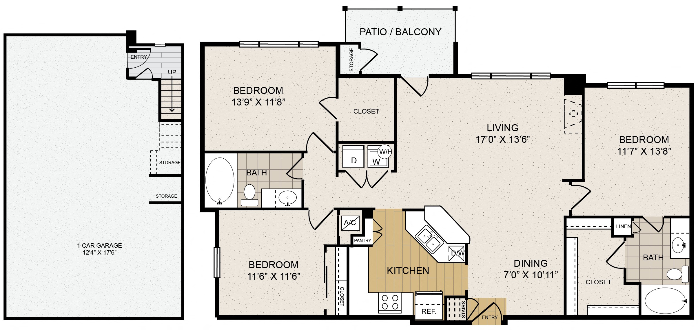 Floor plan for 3 beds, 2 baths, 1348 sqft